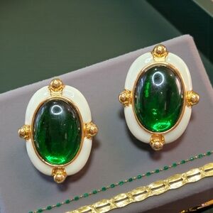 Vintage Style Byzantine Emerald Cabochon White Glaze Enamel Earrings